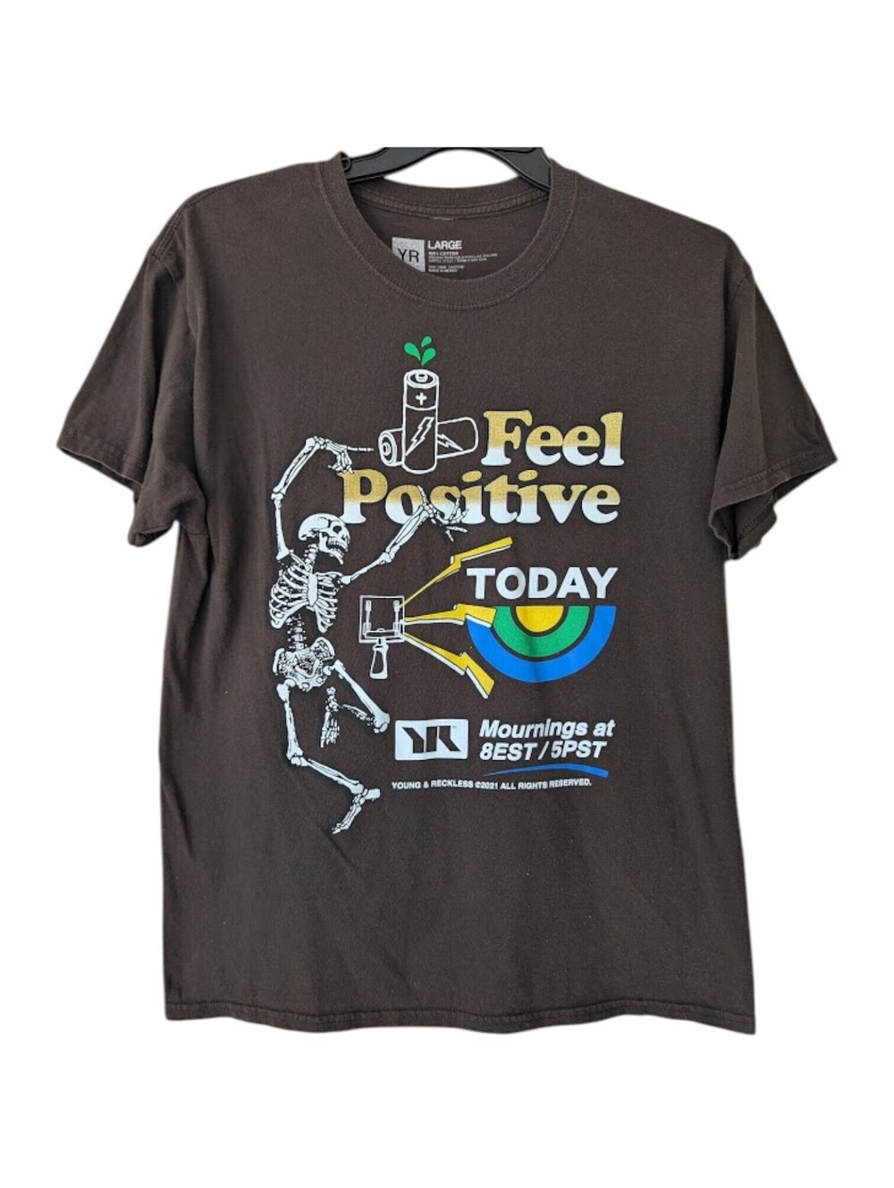 Young Reckless L T-Shirt Brown Skeleton Streetwear Feel Positive Today 21x28.5